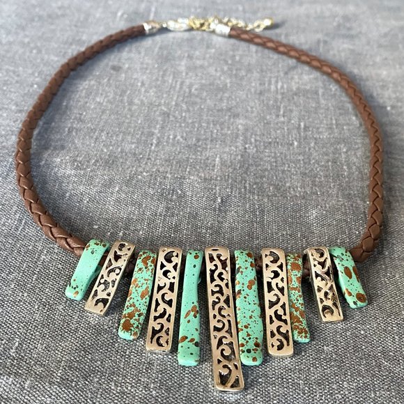 Boho Braided Corded Turquoise Silver Necklace - Picture 2 of 5